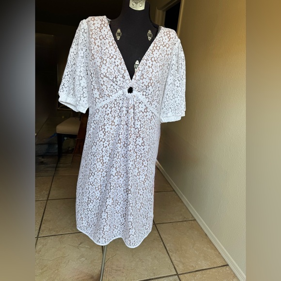 NWT Michael Kors Feminine White Lace Keyhole Dress Delicate Puff Sleeves Sz 12 - Picture 7 of 15